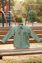 Kids' Tropical Palm Hand-Painted Shirt & Dark Green Trousers Set - Image 3