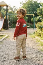 Kids' Maroon Urban Graffiti Long-Sleeve Tee & Beige Cargo Pants Set - Image 2