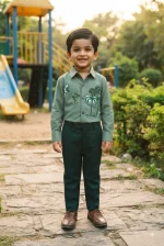 Kids' Tropical Palm Hand-Painted Shirt & Dark Green Trousers Set - Image 2