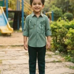 Kids' Tropical Palm Hand-Painted Shirt & Dark Green Trousers Set