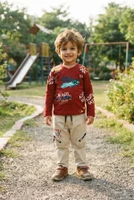 Kids' Maroon Urban Graffiti Long-Sleeve Tee & Beige Cargo Pants Set
